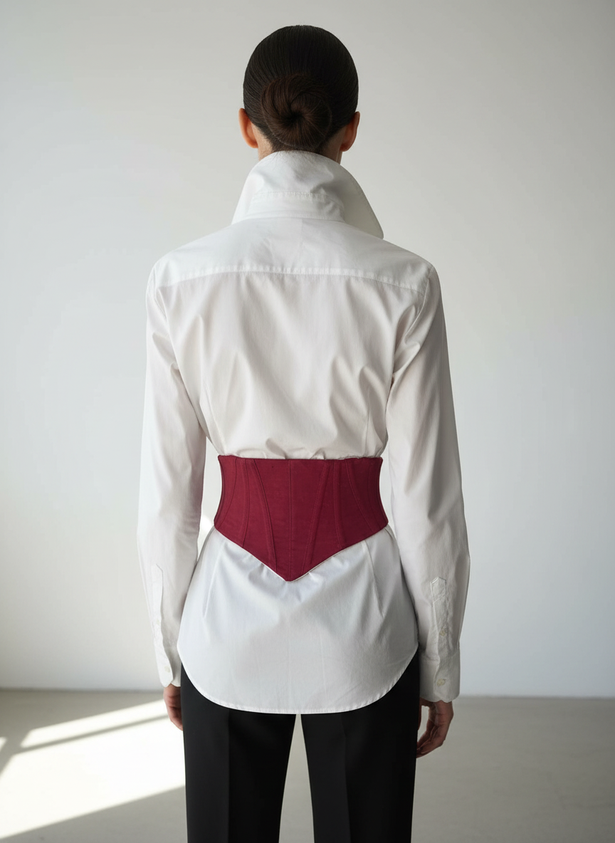 Ceinture corset Améthyste baleiné en moiré rouge